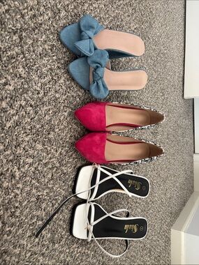 SHEIN Blue Bow heels, Pink Pointed heels, White Strappy Heels Trio